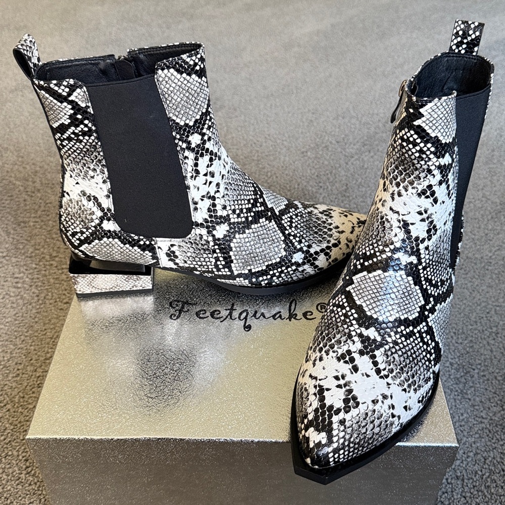 Snake Skin Booties. Square Chunky Heel. Black/White Snake PU Leather. Size 10